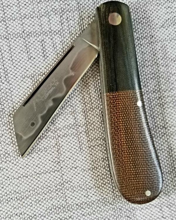 LaRock Custom Sway back Knife, Burlap Micarta, black Bolsters and Hamon, W2, 4"