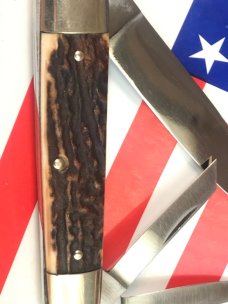 Vintage Kissing Crane  Johnny Reb Civil War Whittler w/ Great Deer Stag Handles +Rebel Flag Shield