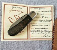 Vincenzo Balistreri Custom Trapper, 3.75" clsd c70 blade, that carbon like 1095, od micarta