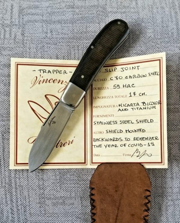 Vincenzo Balistreri Custom Trapper, 3.75" clsd c70 blade, that carbon like 1095, od micarta Vincenzo Balistreri Custom Trapper, 3.75" clsd c70 blade, that carbon like 1095, od micarta