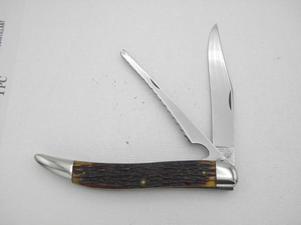 Queen Cutlery #19 Folding Fish Knife: 5” closed, 1947,  Big “Q ” tang stamp, Rogers bone handles