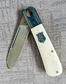 Michael du Pleesis Zulu Knife,3.75" Giraffe Bone and  Teal Linen Micarta, and N690,coa slip new