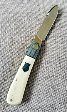 Michael du Pleesis Zulu Knife,3.75" Giraffe Bone and  Teal Linen Micarta, and N690,coa slip new