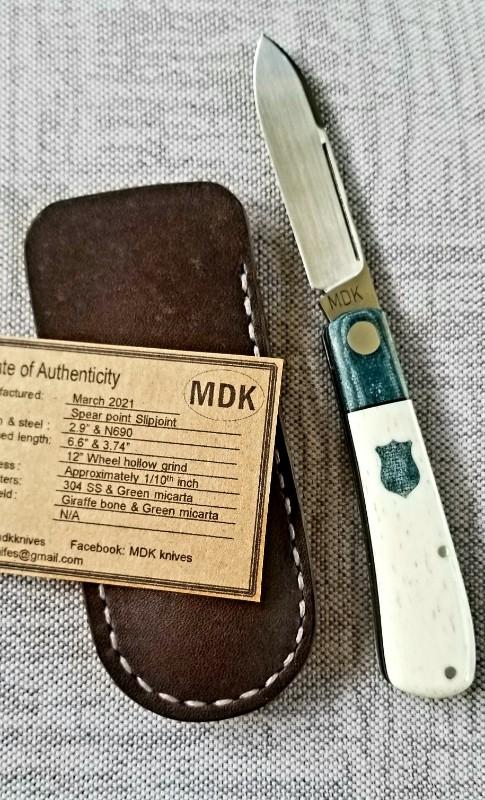Michael du Pleesis Zulu Knife,3.75" Giraffe Bone and  Teal Linen Micarta, and N690,coa slip new