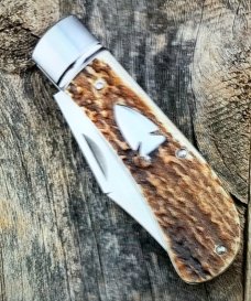 Charlie Bell Custom Elk Stag 4" Lanny Clip Knife, New, CPM-154 ,,ringed bolsters, new 2021
