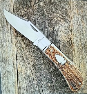 Charlie Bell Custom Elk Stag 4" Lanny Clip Knife, New, CPM-154 ,,ringed bolsters, new 2021
