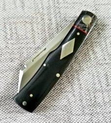 K'roo Custom Micarta Mac Knife, NEW,W/ slip,  3.5" closed blanket and black micarta with filework 