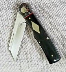 K'roo Custom Micarta Mac Knife, NEW,W/ slip,  3.5" closed blanket and black micarta with filework 