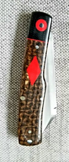 K'roo Custom Micarta Mac Knife, NEW,W/ slip,  3.5" closed Beanbag ..black micarta..red ... filework 