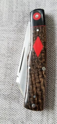 K'roo Custom Micarta Mac Knife, NEW,W/ slip,  3.5" closed Beanbag ..black micarta..red ... filework 