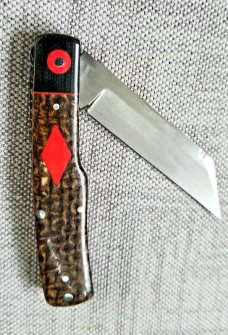 K'roo Custom Micarta Mac Knife, NEW,W/ slip,  3.5" closed Beanbag ..black micarta..red ... filework 