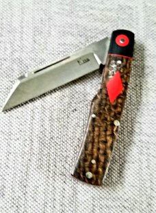 K'roo Custom Micarta Mac Knife, NEW,W/ slip,  3.5" closed Beanbag ..black micarta..red ... filework 