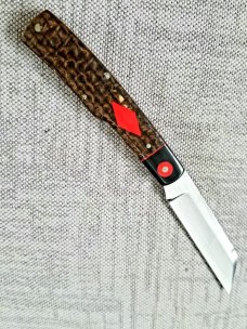 K'roo Custom Micarta Mac Knife, NEW,W/ slip,  3.5" closed Beanbag ..black micarta..red ... filework 