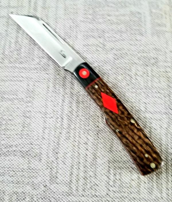 K'roo Custom Micarta Mac Knife, NEW,W/ slip,  3.5" closed Beanbag ..black micarta..red ... filework 