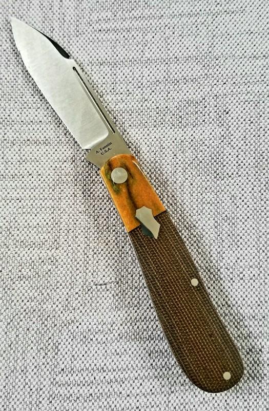Andy Fannin Custom Dogleg Knife, Micarta w/ Giraffe Bone bolsters,NEW, w/matching slip, Andy Fannin Custom Dogleg Knife, Micarta w/ Giraffe Bone bolsters,NEW, w/matching slip,