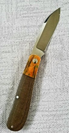 Andy Fannin Custom Dogleg Knife, Micarta w/ Giraffe Bone bolsters,NEW, w/matching slip, 