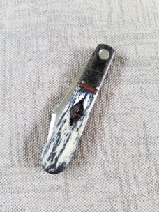 K'roo Custom Giraffe bone Barlow Knife, NEW,W/ slip, 3.5 blanket micarta filework work 