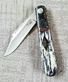 K'roo Custom Giraffe bone Barlow Knife, NEW,W/ slip, 3.5 blanket micarta filework work 