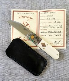 Vincenzo Balistreri Custom Red Arrow, 4" clsd Native pattern, elephant ivory scales with Liracarta