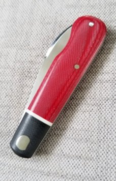 MDK custom Barlow, easy open Wharnie, 3.8 closed, red micarta and black G-10..coa..slip..N690 