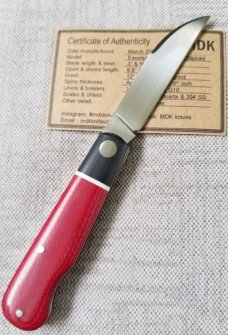 MDK custom Barlow, easy open Wharnie, 3.8 closed, red micarta and black G-10..coa..slip..N690 