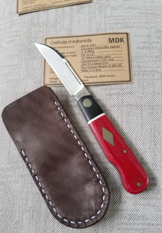 MDK custom Barlow, easy open Wharnie, 3.8 closed, red micarta and black G-10..coa..slip..N690 