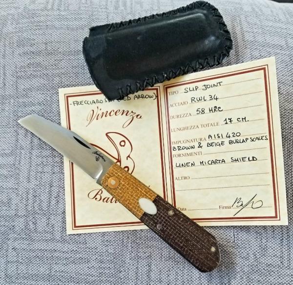 Vincenzo Balistreri Red Arrow Slipjoint knife 4" clsd transit shield contrasting Micarta ,mosiac pin