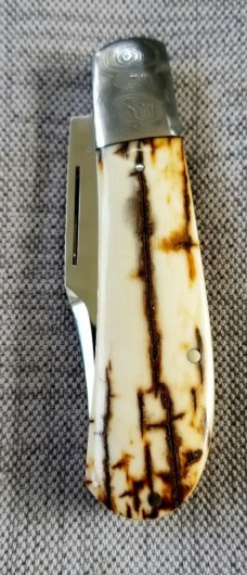 D.R.,David, Davis Mammoth ivory Lanny, 4", Damascus bolsters, cpm154, makers letter & pouch,filed