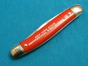 VINTAGE USA RED NY FIRE FIGHTERS FIREMAN ADVERTISING PEN JACK FOLDING POCKET KNIFE KNIVES OLD AD