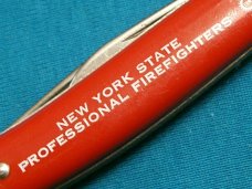 VINTAGE USA RED NY FIRE FIGHTERS FIREMAN ADVERTISING PEN JACK FOLDING POCKET KNIFE KNIVES OLD AD