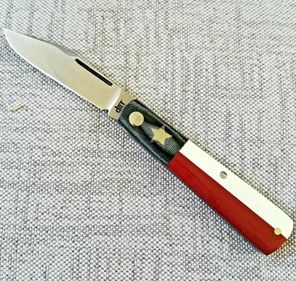 DrT American Jack Clip Barlow, 3 5/8" standard, red..white...denim blue micarta, very Ltd, cpm154 