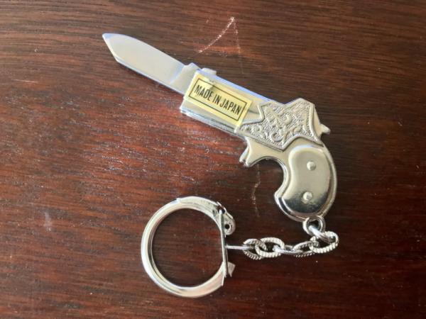 Vintage Japanese Pistol Keychain Folding Knife, Original "MADE IN JAPAN" Sticker, Unused 