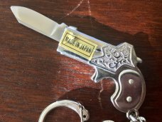 Vintage Japanese Pistol Keychain Folding Knife, Original "MADE IN JAPAN" Sticker, Unused 