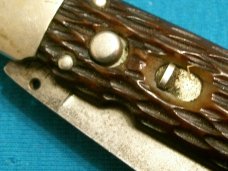 ANTIQUE VINTAGE LL BEAN INC FREEPORT ME HUNTERS PRIDE BONE HANDLE SWITCHBLADE AUTOMATIC POCKET KNIFE