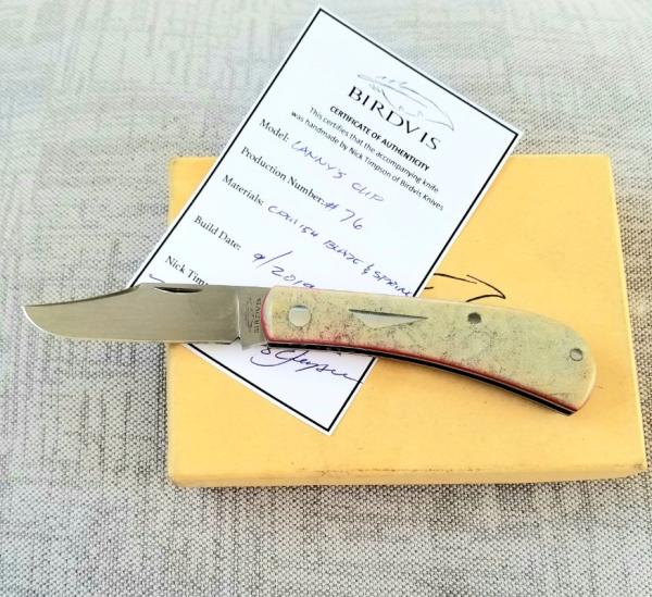 Birdvis Lanny Clip Knife, 3.75" Ivory paper Micarta, red G10 liner box,coa dob 1/2019 its on Instag Birdvis Lanny Clip Knife, 3.75" Ivory paper Micarta, red G10 liner box,coa dob 1/2019 its on Instag