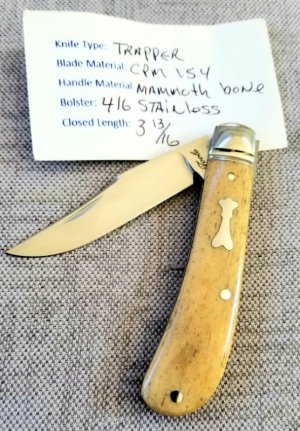 Bobby Toole Custom Mammoth Bone Trapper Knife, New, CPM-154 ,3 7/8" closed ,Ringed Steel Bolsters