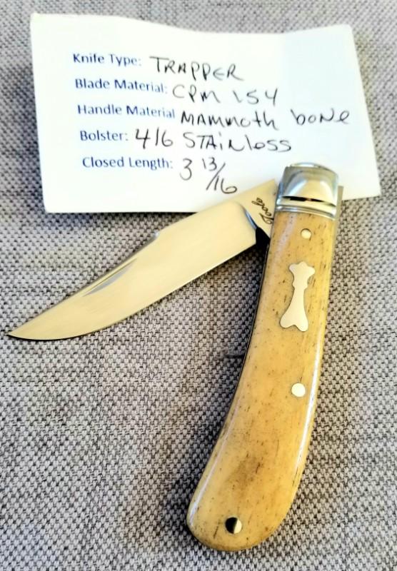 Bobby Toole Custom Mammoth Bone Trapper Knife, New, CPM-154 ,3 7/8" closed ,Ringed Steel Bolsters 