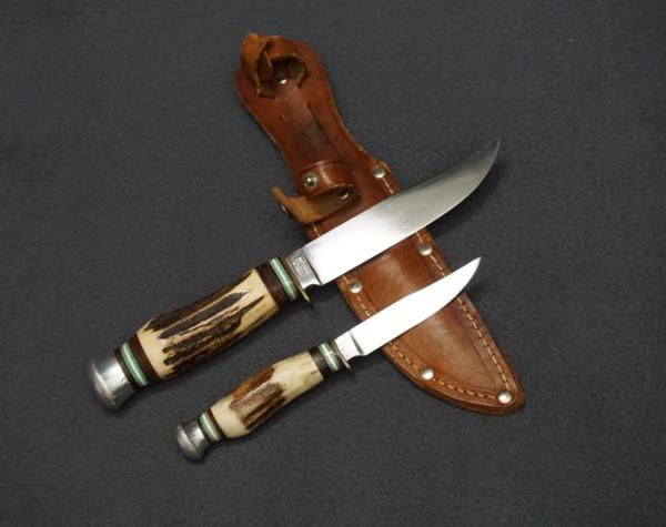 + VNTG RARE MATADOR SOLINGEN GERMANY STAG HANDLE 2 KNIFE SET W/LEATHER SHEATH +