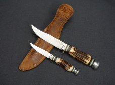 + VNTG RARE MATADOR SOLINGEN GERMANY STAG HANDLE 2 KNIFE SET W/LEATHER SHEATH +