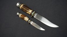 + VNTG RARE MATADOR SOLINGEN GERMANY STAG HANDLE 2 KNIFE SET W/LEATHER SHEATH +