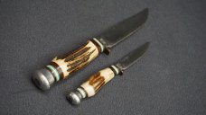 + VNTG RARE MATADOR SOLINGEN GERMANY STAG HANDLE 2 KNIFE SET W/LEATHER SHEATH +
