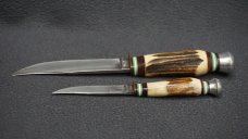 + VNTG RARE MATADOR SOLINGEN GERMANY STAG HANDLE 2 KNIFE SET W/LEATHER SHEATH +