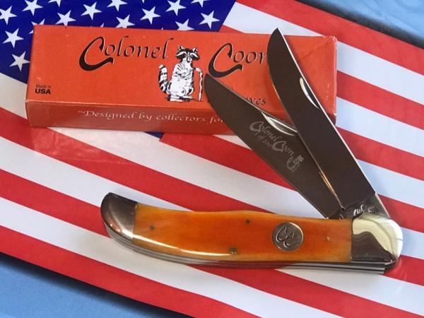 Colonel Coon (by Queen) 2 Blade Folding Hunter Knife w/ Harvest Orange Smooth Bone Handles -NOS Colonel Coon (by Queen) 2 Blade Folding Hunter Knife w/ Harvest Orange Smooth Bone Handles -NOS