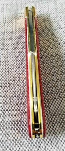 K'roo Custom Slimline wharnie Knife, NEW,W/ slip, 4"..Burgundy micarta.brass.liners.spacers.filework