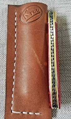 K'roo Custom Slimline wharnie Knife, NEW,W/ slip, 4"..Burgundy micarta.brass.liners.spacers.filework
