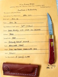 K'roo Custom Slimline wharnie Knife, NEW,W/ slip, 4"..Burgundy micarta.brass.liners.spacers.filework
