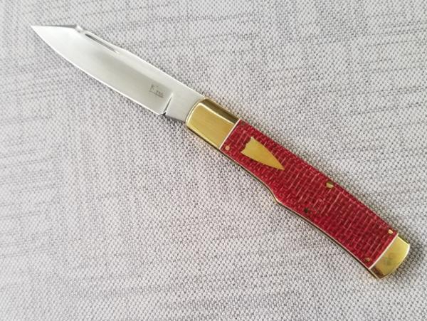 K'roo Custom Native 4" Burgundy micarta scales and brass..spacers .. bolsters and caps ...filework