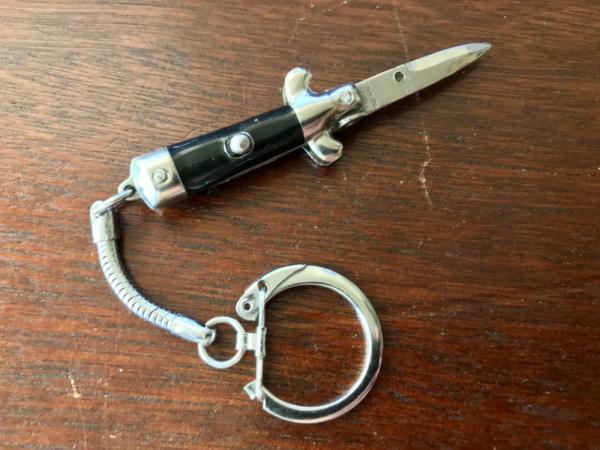 Vintage Miniature Keychain Switchblade Knife, Marked "Stainless Steel" & "Hong Kong",Black Wrap Vintage Miniature Keychain Switchblade Knife, Marked "Stainless Steel" & "Hong Kong",Black Wrap