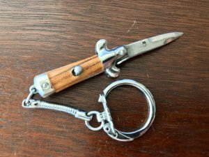 Vintage Miniature Keychain Switchblade Knife, Marked "Stainless Steel" & "Hong Kong", Brown Wrap