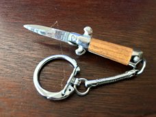 Vintage Miniature Keychain Switchblade Knife, Marked "Stainless Steel" & "Hong Kong", Brown Wrap 